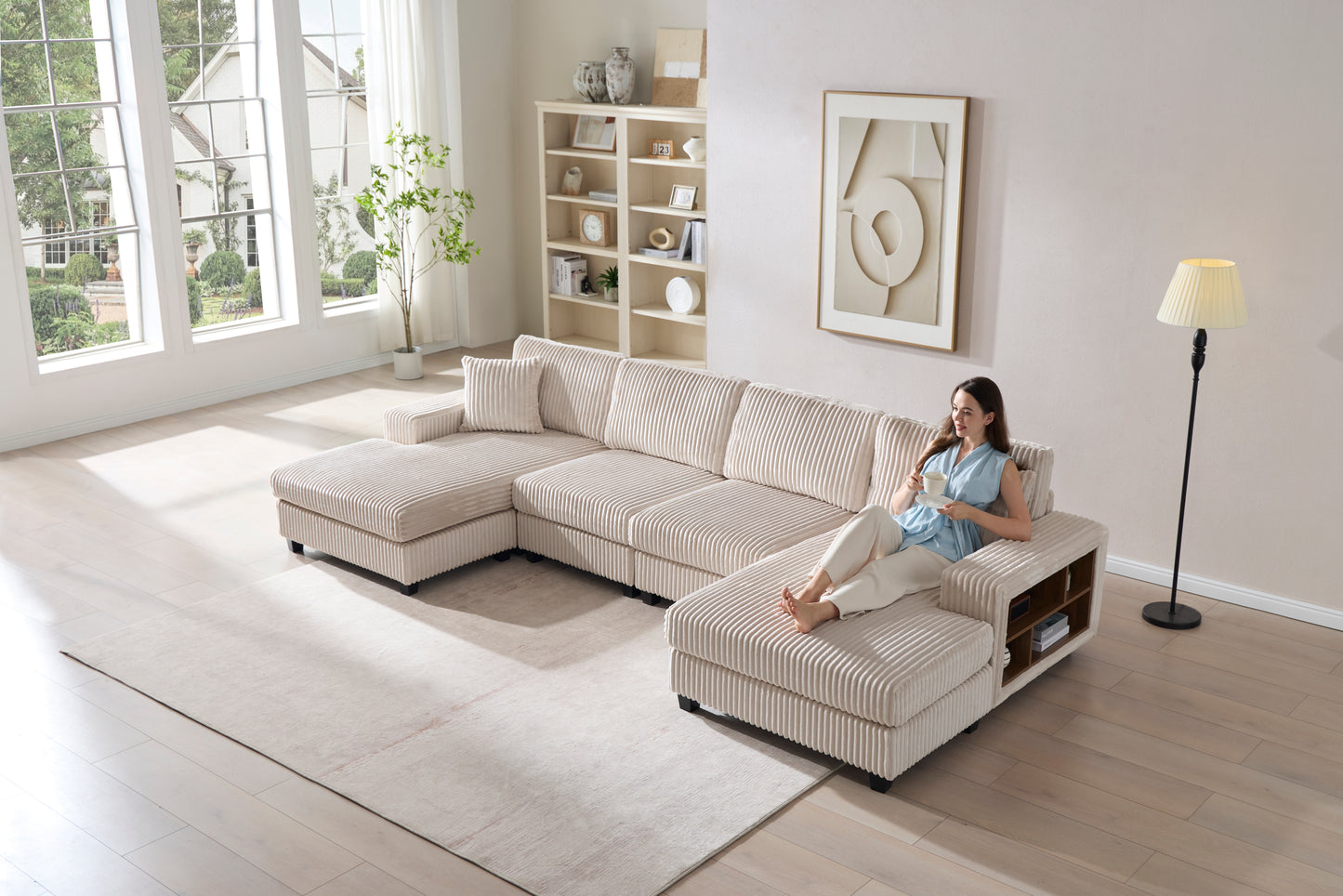 Convertible U-shaped Combination Sofa, Corduroy Fabric, Modern Comfortable Large Size 4 Seat Sofa, Living Room Double Lounge Chair,Beige