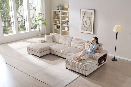 Convertible U-shaped Combination Sofa, Corduroy Fabric, Modern Comfortable Large Size 4 Seat Sofa, Living Room Double Lounge Chair,Beige