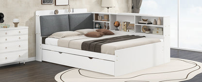 Wood Full Size platform bed with Trundle, Shelves and Storage Headboard, White