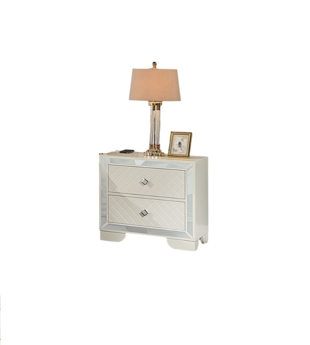 Classic Luxury Look Cream 1pc Nightstand Wooden Bedside Table 2x Drawers w Mirror Glass Panel Bedroom Furniture