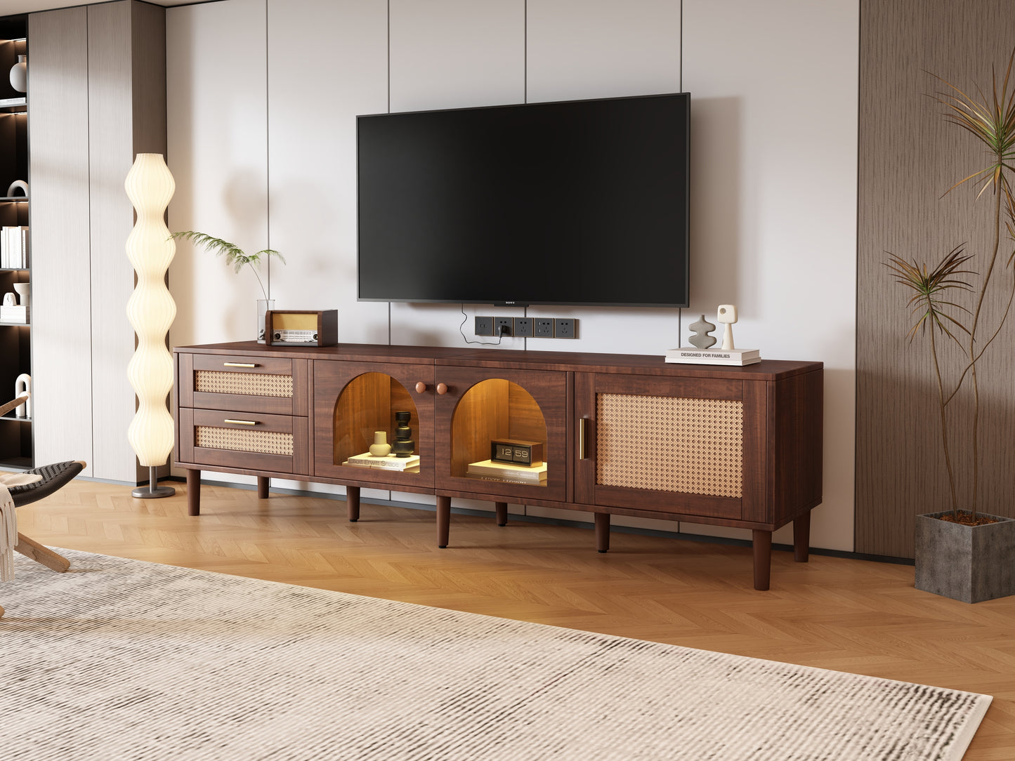 Rattan TV Stand with 3 Cabinets & 2 Drawers, Rattan-inspired Media Console Table for TVs up to 80'', LED Light Entertainment Center, TV cabinet for Living room, Bedroom, Home Theatre