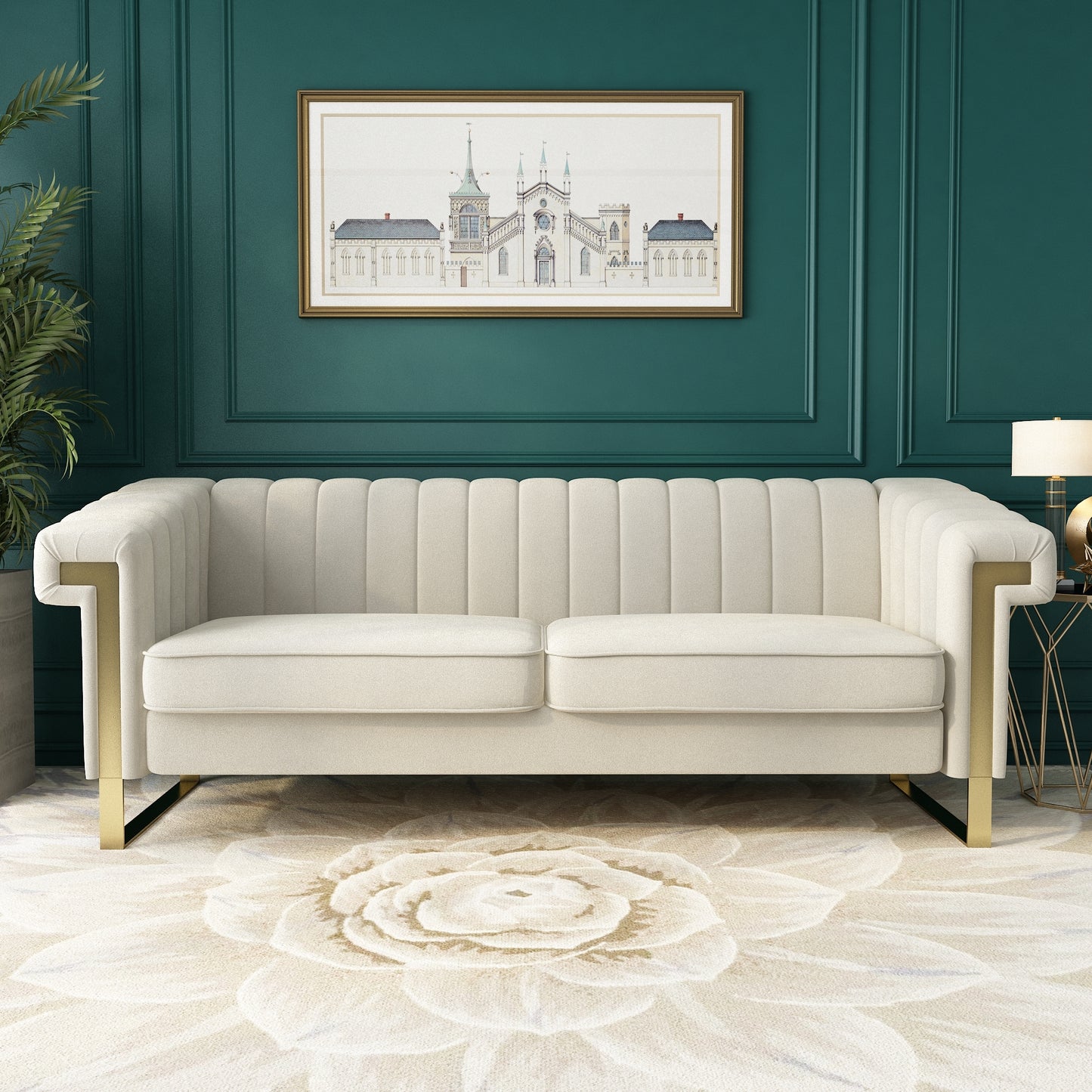 FX-P81-CW2  SOFA  Modern Cream Velvet Sofa with Gold Accents - Sleek Channel-Tufted Upholstery, 3-Seat Couch for Living Room and Office Decor(TEMU Suitable)