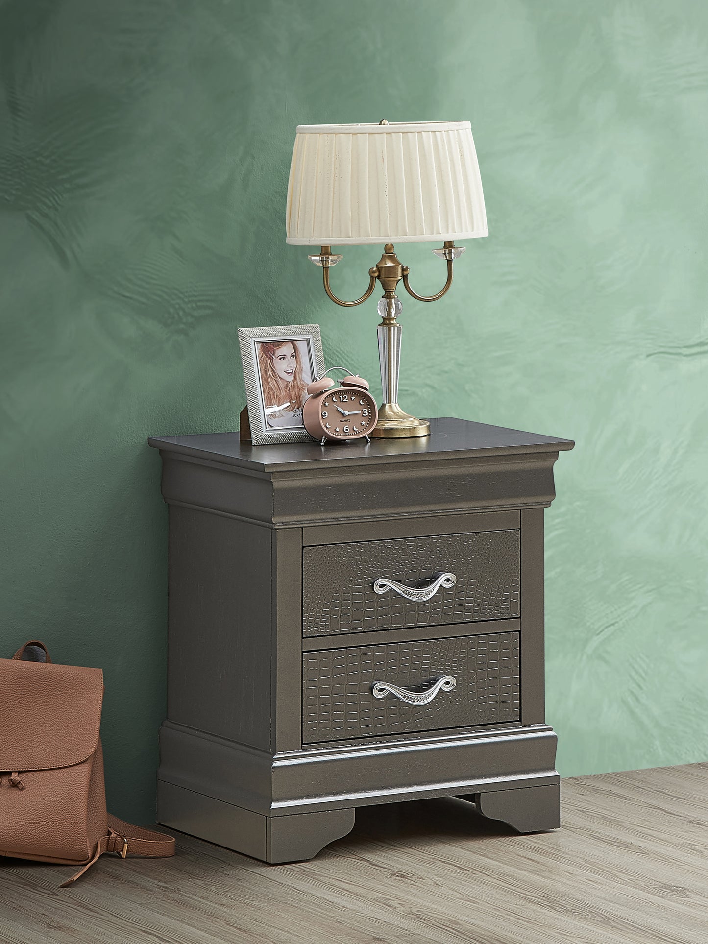 Sleek Metallic Black Nightstand With Drawers