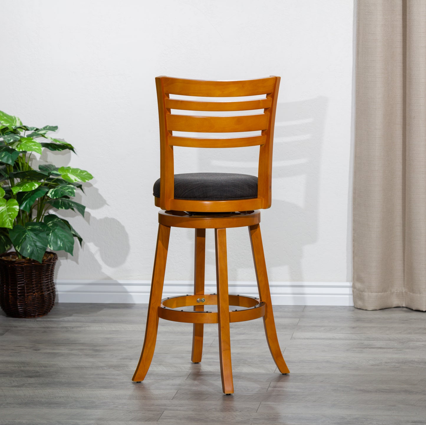 30" Bar Height Slat Back Swivel Stool, Natural Finish, Charcoal Fabric Seat