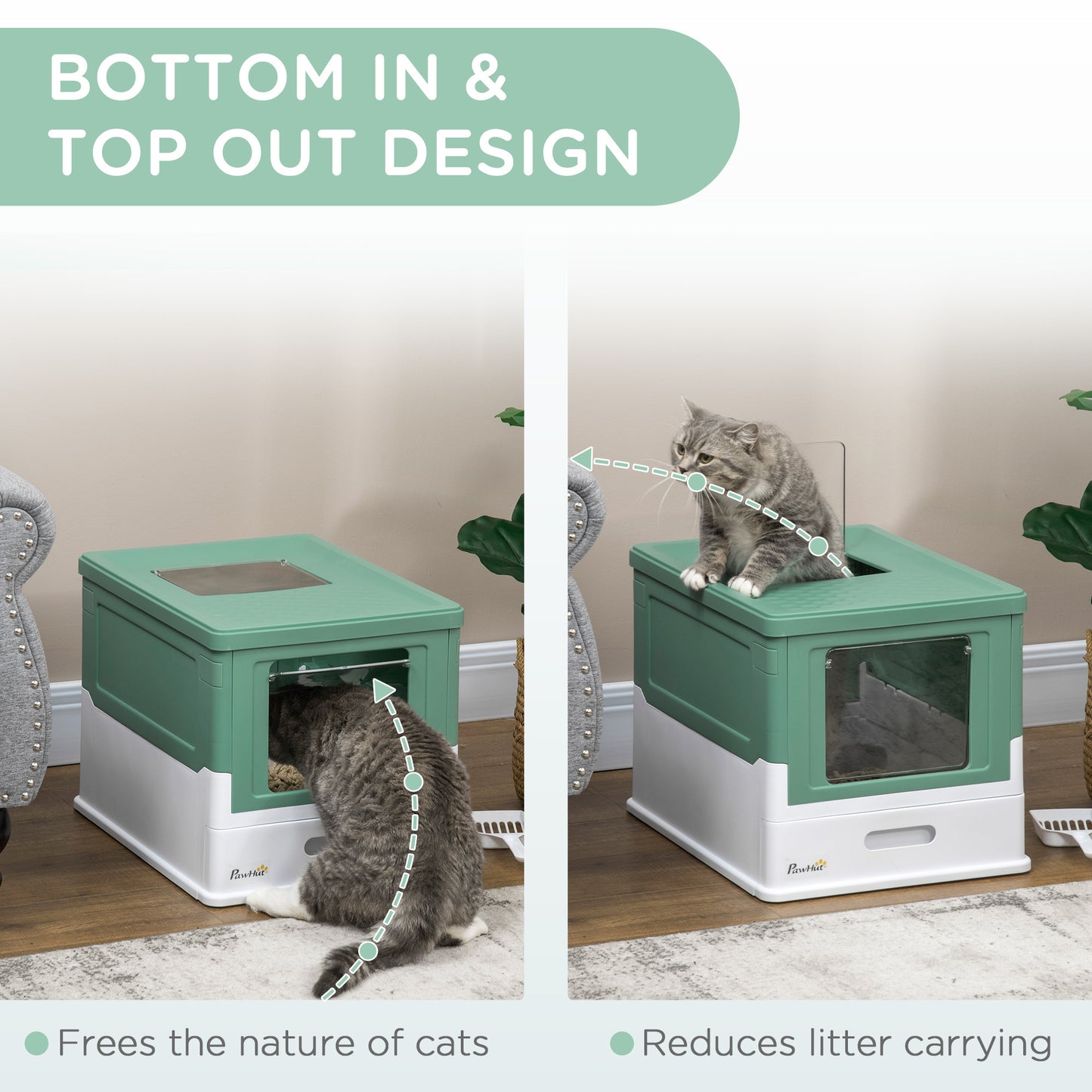 PawHut Fully Enclosed Cat Litter Box with Scoop, Hooded Cat Litter House with Drawer Type Tray, Foldable Smell Proof Cat Potty with Front Entry, Top Exit, Portable Pet Toilet with Large Space, Green