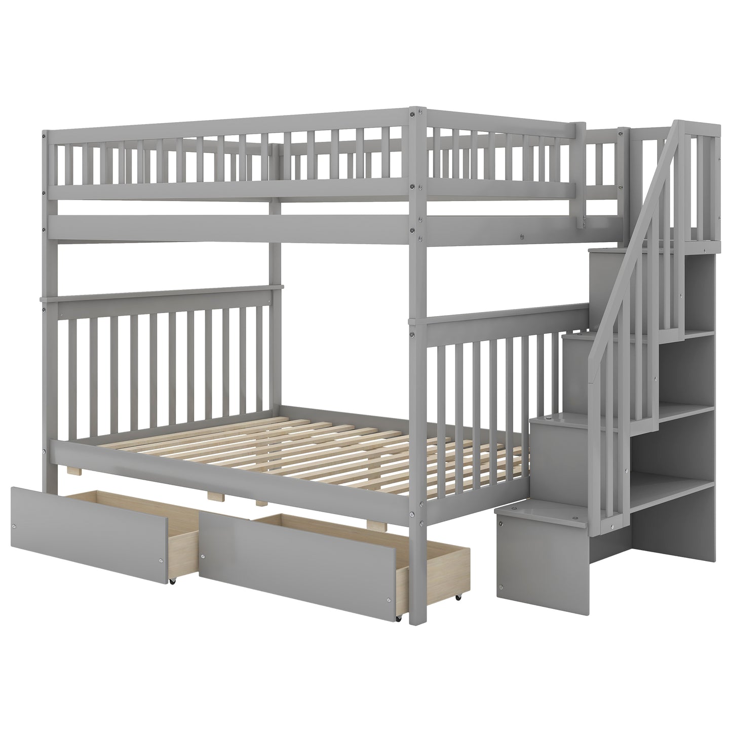 Gray Full Over Full Bunk Bed with Two Drawers and Storage, Pine Wood and MDF, 93.5''L x 57.5''W x 65.6''H