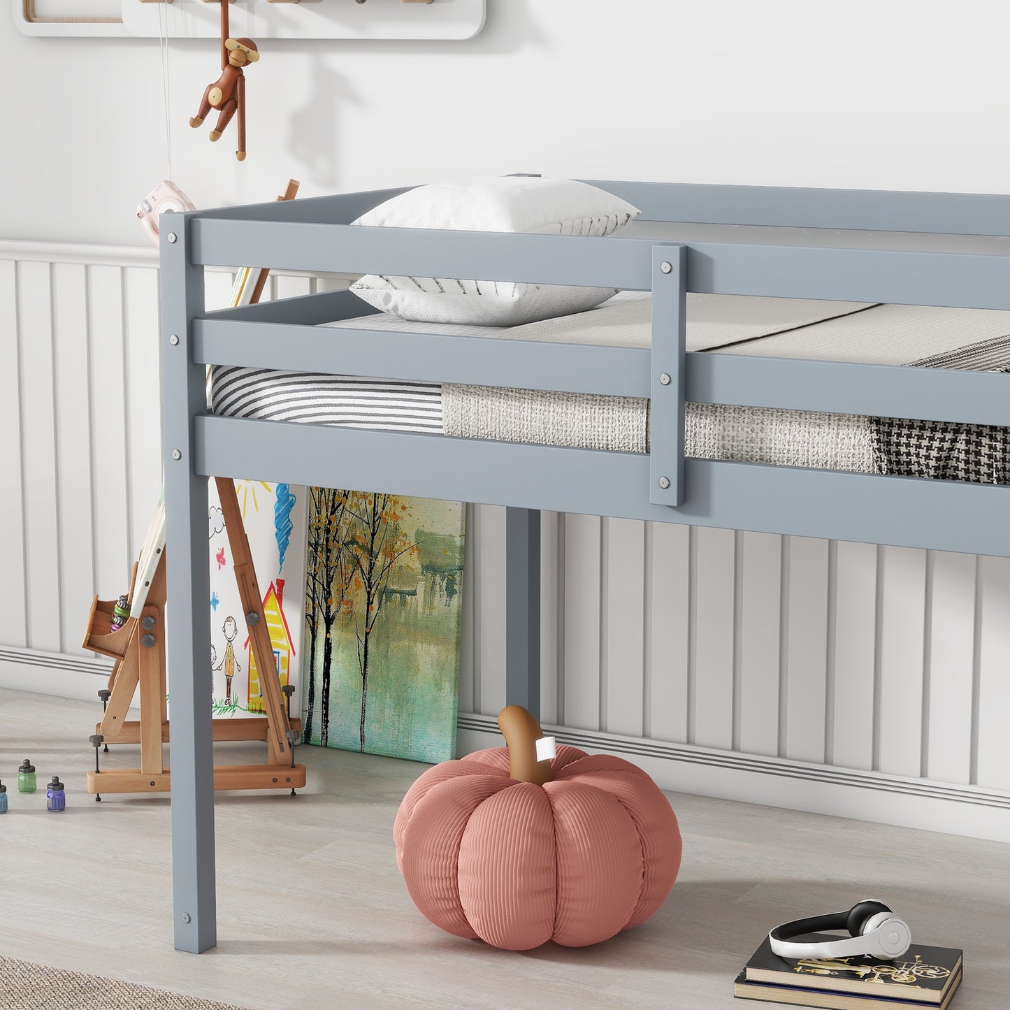 Solid Wooden, Rubber Wooden Twin Loft Bed with Ladder, Bed Platform of Strengthened Slats , Grey