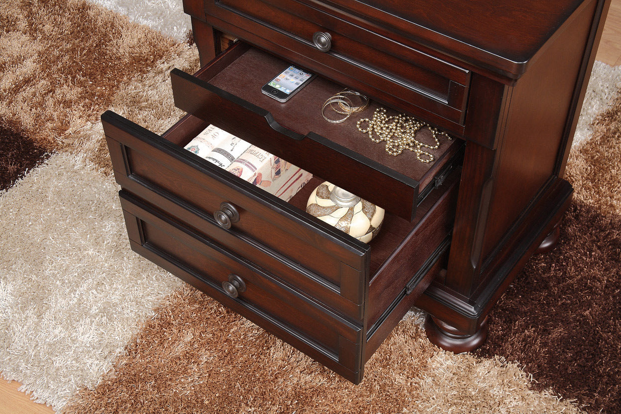 Classic Transitional Nightstand Brown Cherry Finish Birch Veneer Hidden Drawer Bun Feet Bedroom Furniture