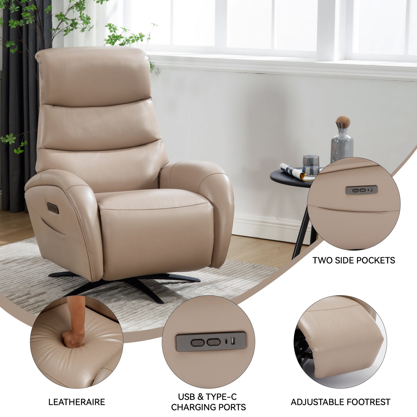 Khaki Leatheraire Dual Motor 270° Swivel Power Recliner Chair With Heavy Duty Motion Mechanism, USB and Type-C Charging Ports