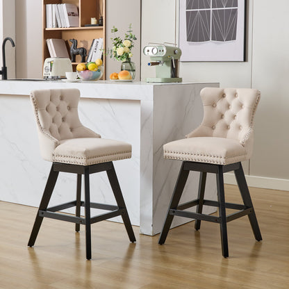 Swivel Velvet Barstools with Button Tufted Decoration and Wooden Legs, and Chrome Nailhead Trim, Leisure Style Bar Chairs,Bar stools, Set of 2 (Beige),SW1860BG