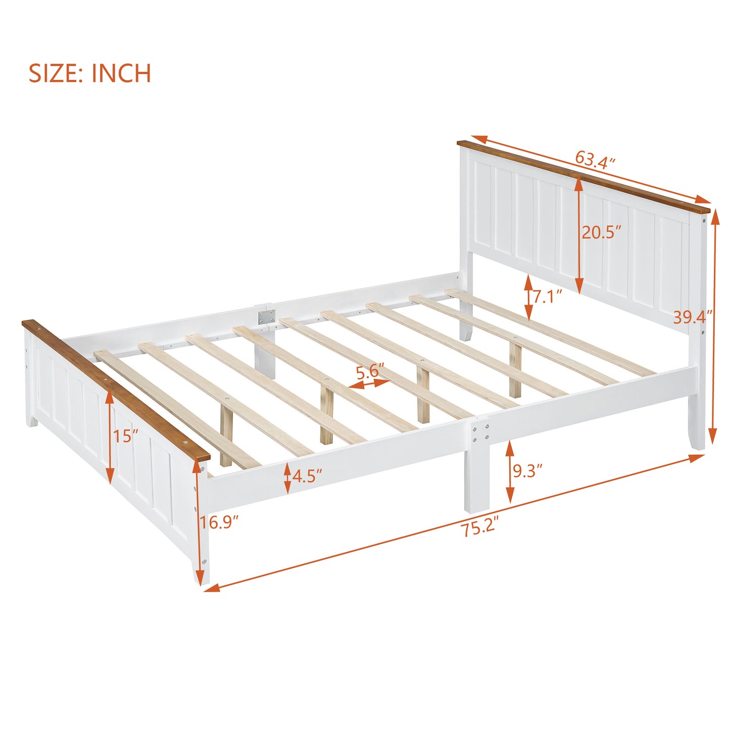 Queen Size Wood Platform Bed Wooden Slat Support, Vintage Simple Bed Frame with Rectangular Headboard and Footboard, White