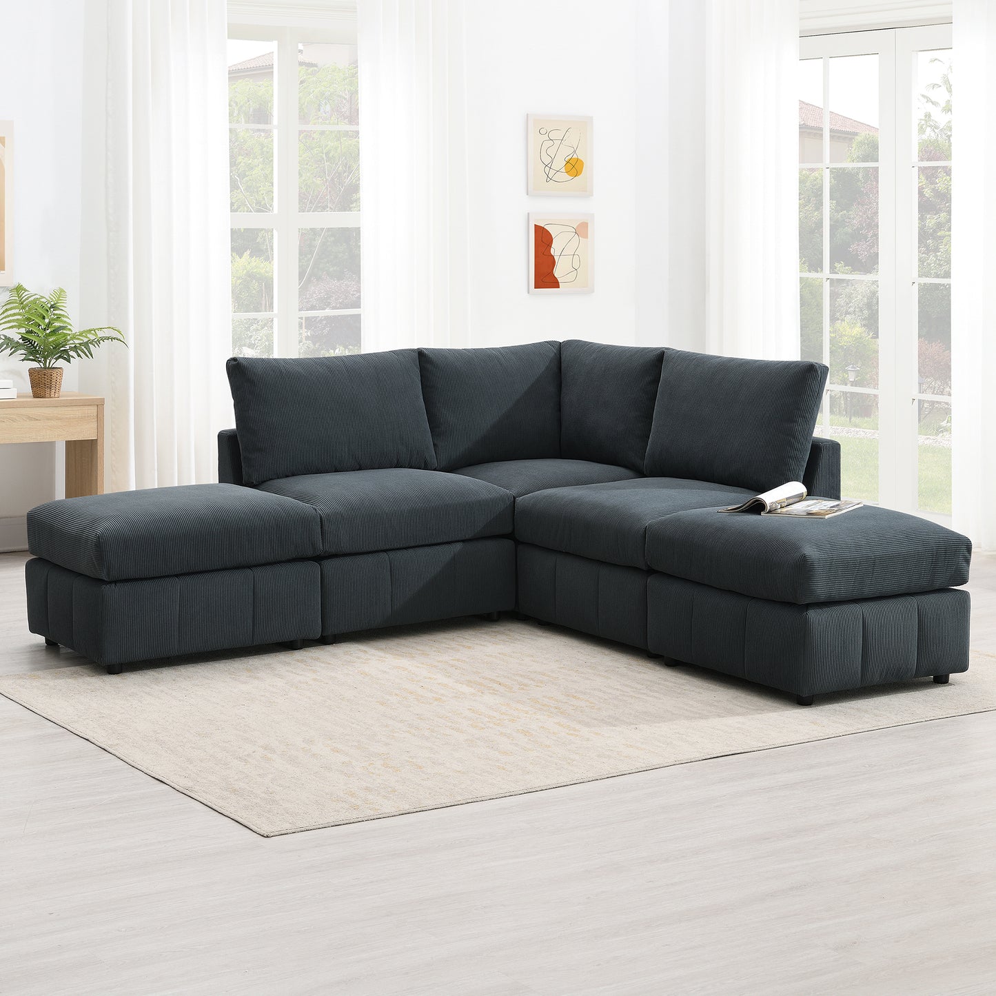 93"Modern Sectional Sofa with Vertical Stripes,5-Seat Armless Couch Set with Convertible Ottomans,Various Combinations,L-Shape Indoor Furniture for Living Room,Apartment, 2 Colors