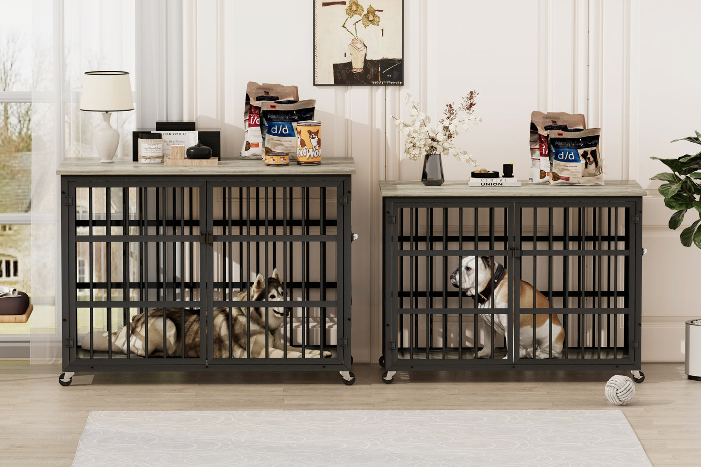 Furniture style dog crate wrought iron frame door with side openings, Grey, 43.3''W x 29.9''D x 33.5''H.