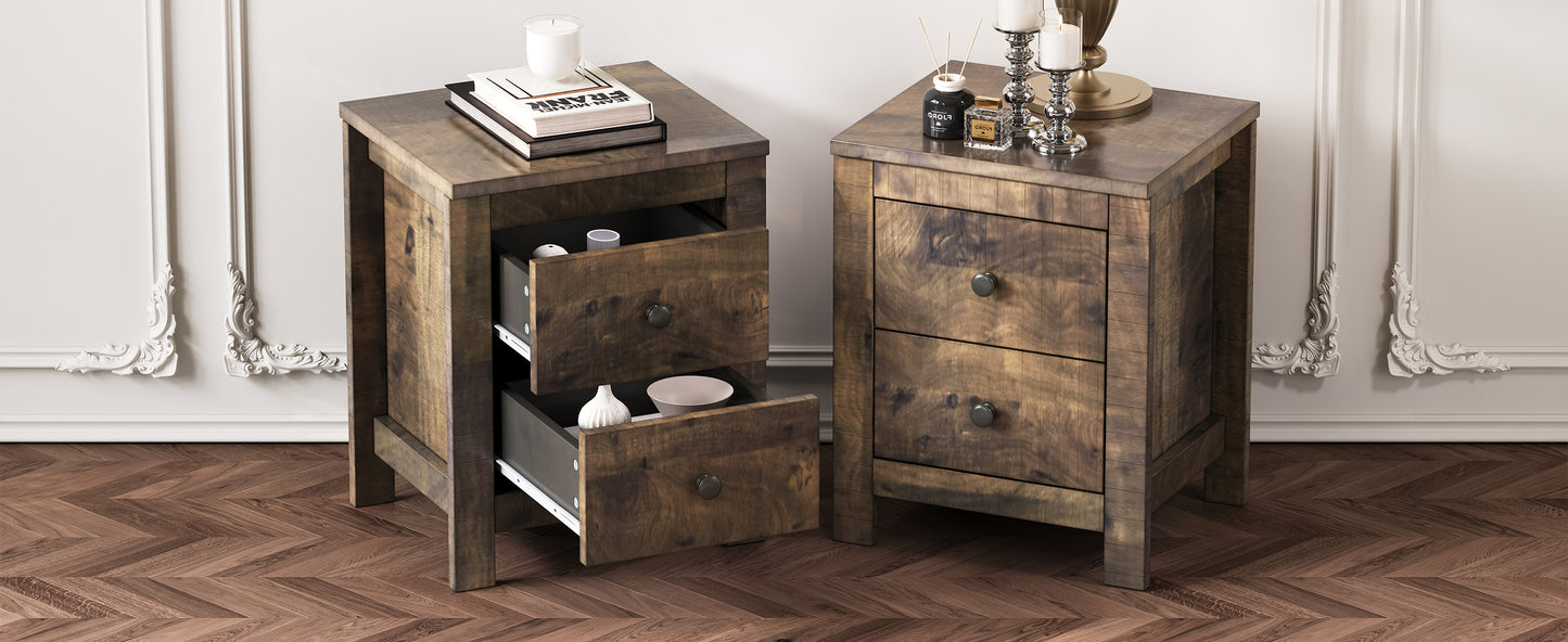Farmhouse Wooden Nightstand Set of 2 with Retro Design, Wood Side Table with Storage Cabinet for Bedroom, Antique Walnut