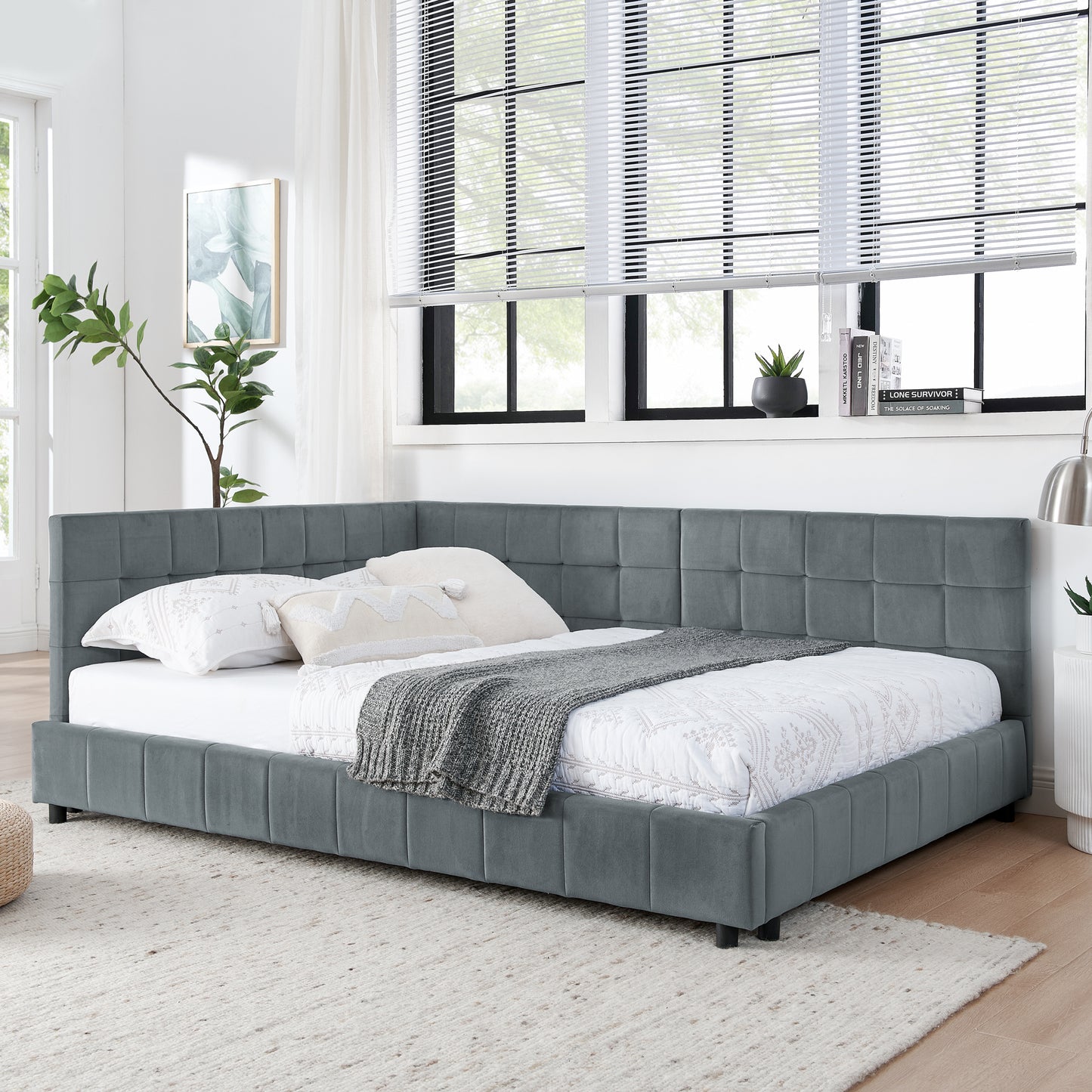 Full Size Upholstered Tufted Bed Frame, Sofa Bed Frame with Comfortable Backrest and Armrests, Full Size Bed for Bedroom, Living Room,Velvet, Grey(80.5''*59''*30.5'')