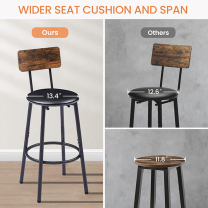 Round bar stool set with shelf, upholstered stool with backrest, Rustic Brown, 23.62'' W x 23.62'' D x 35.43'' H