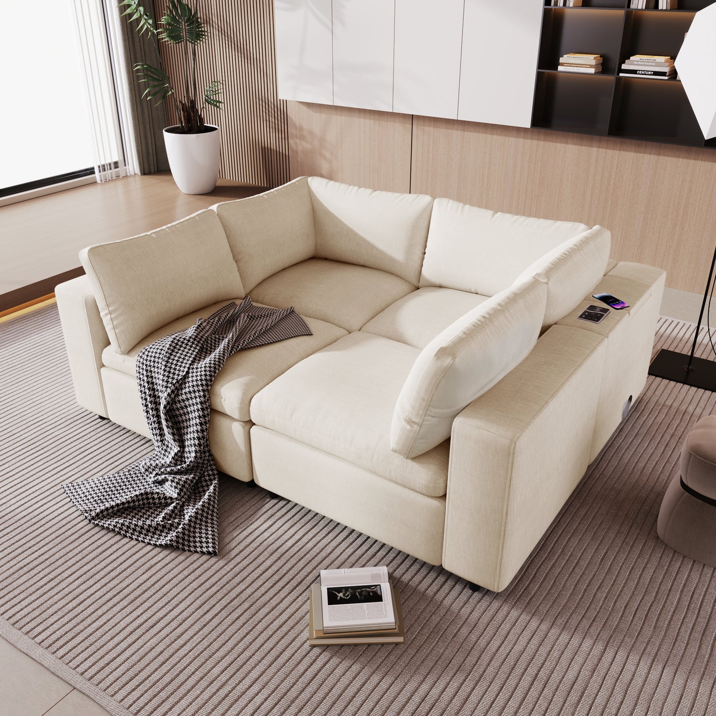 U-style Upholstered Modular Sofa with  with Storage Space, USB Charge Ports,Wireless Charging and Built-in Bluetooth Speaker in Arm,Sectional sofa for Living Room Apartment.[old sku:WY000317AAA]