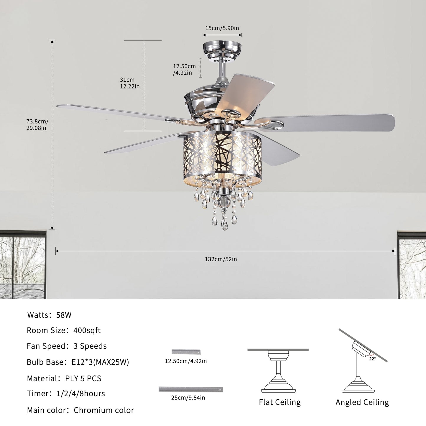 Elegant Metal  52-inch Ceiling Fan (Optional Remote&2 Color Option Blades)  or Bedroom, Living Room, Dining Room--Chrome