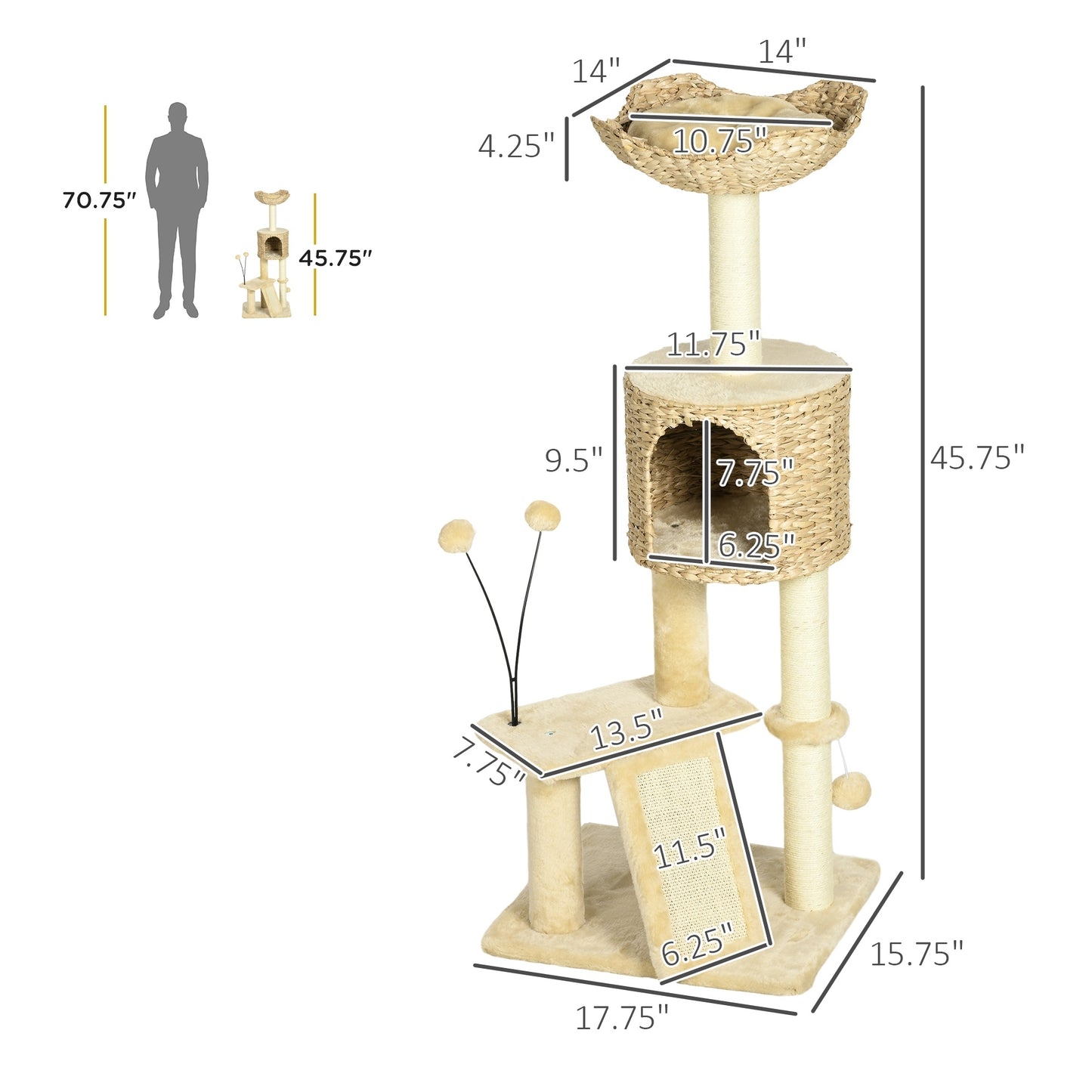 PawHut 45" Cat Tree for Indoor Cats, Cat Tree Tower with Scratching Posts, Ramp, Condo, Toy Balls, Platforms, Bed, Ramp, Beige