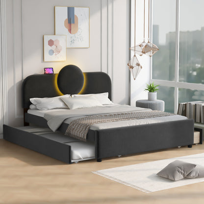 Queen Size Upholstered Platform Bed with Multi-functional Headboard, Trundle and 2 Drawers, Gray