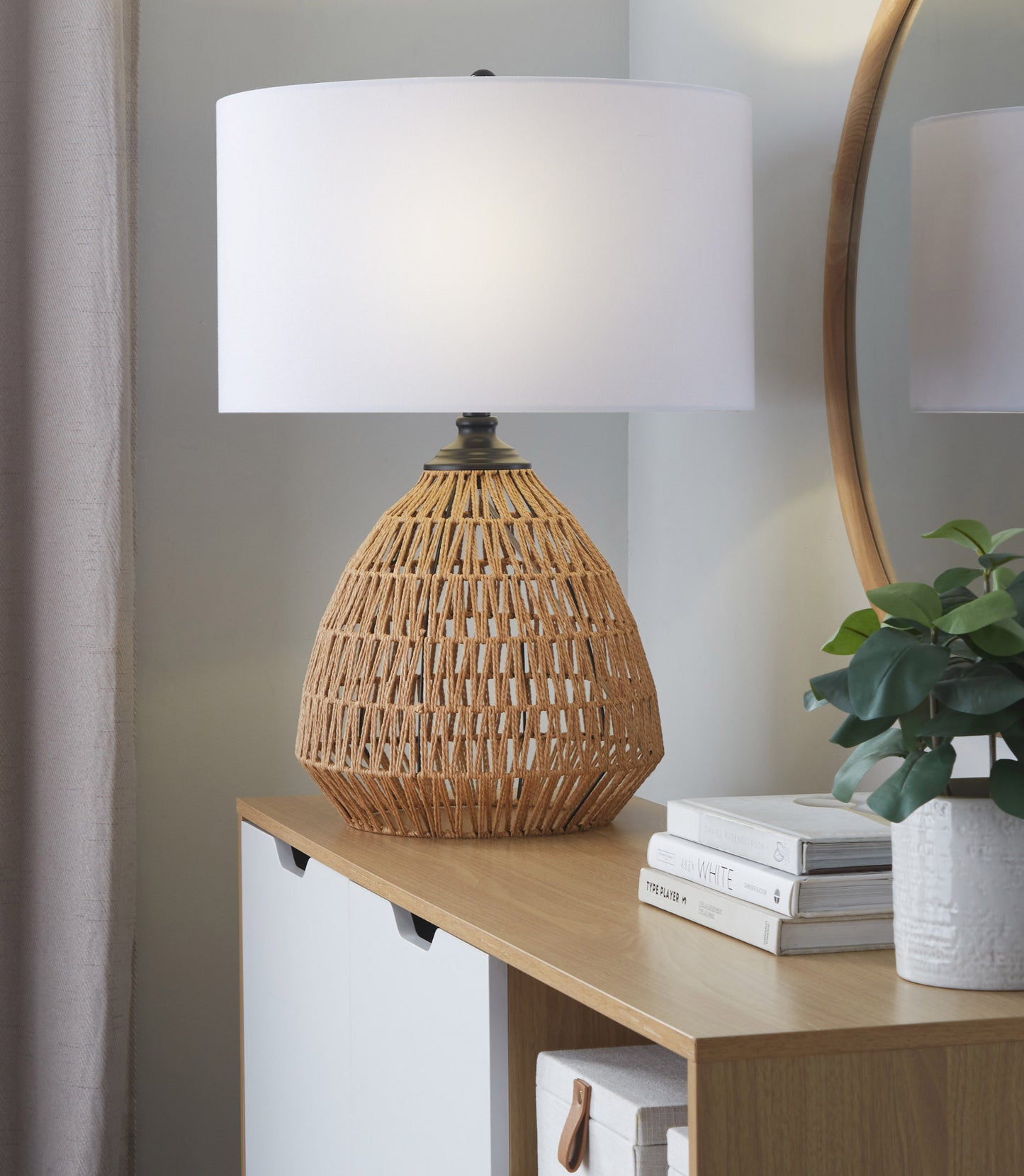 Congo 29" Contemporary Rattan Table Lamp in Natural Rope Rattan, Matte Black Metal and White Linen Shade from Grandview Gallery by LumiSource