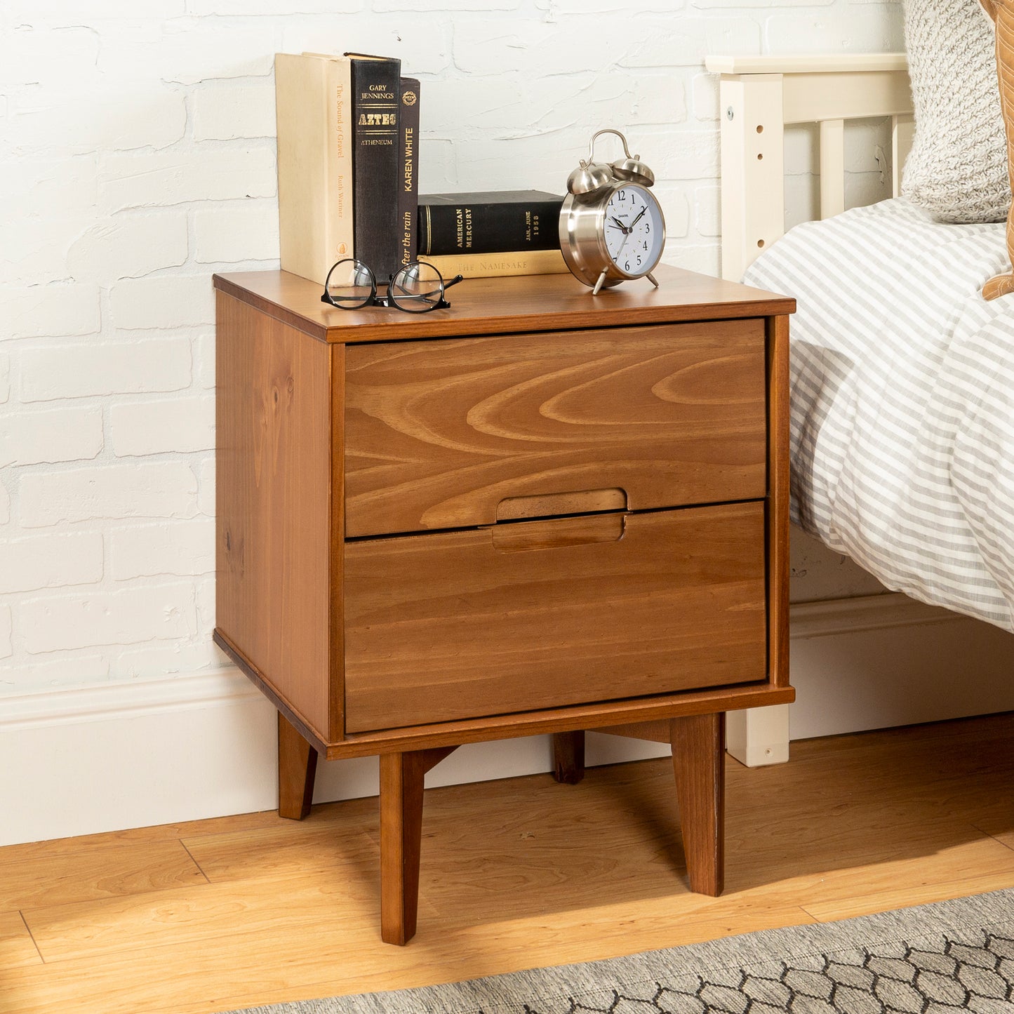 Mid-Century Modern 2-Drawer Solid Wood Nighstand with Cutout Handles - Caramel