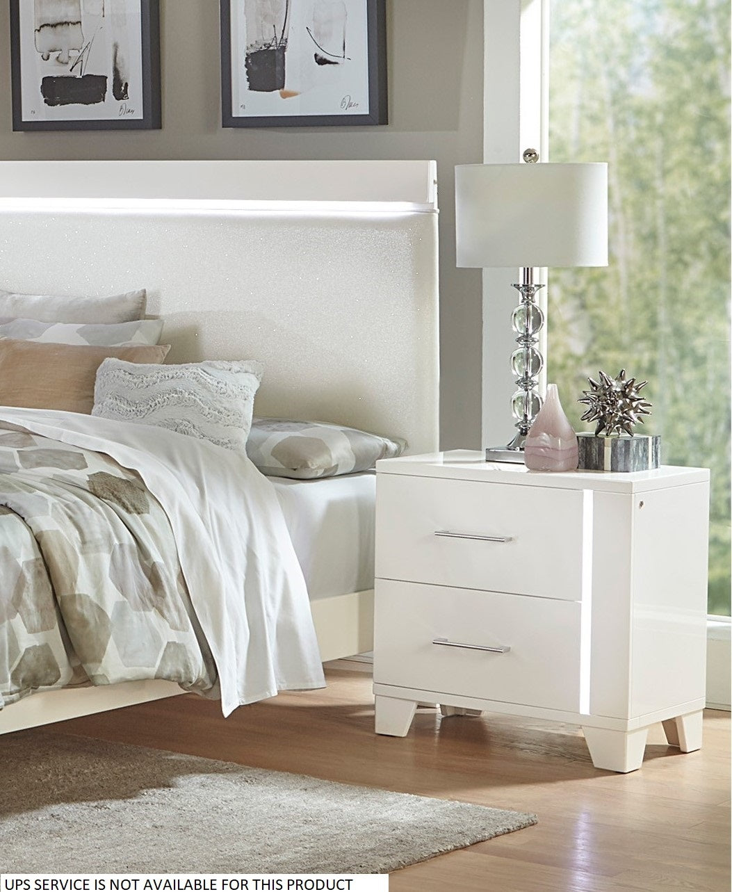 White High Gloss Finish Modern Bedroom 1pc Nightstand with LED Light Wooden Furniture Luxury Bedside Table