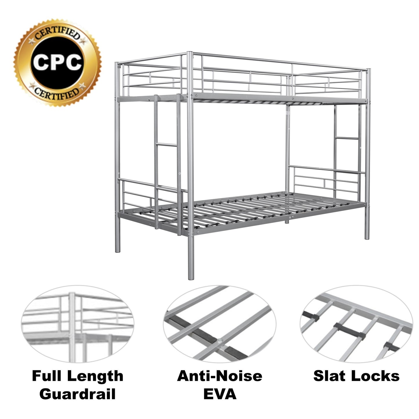 Metal Twin over Twin Bunk Bed/ Heavy-duty Sturdy Metal/ Noise Reduced Design/ Safety Guardrail/ 2 Side Ladders/ CPC Certified/ No Box Spring Needed