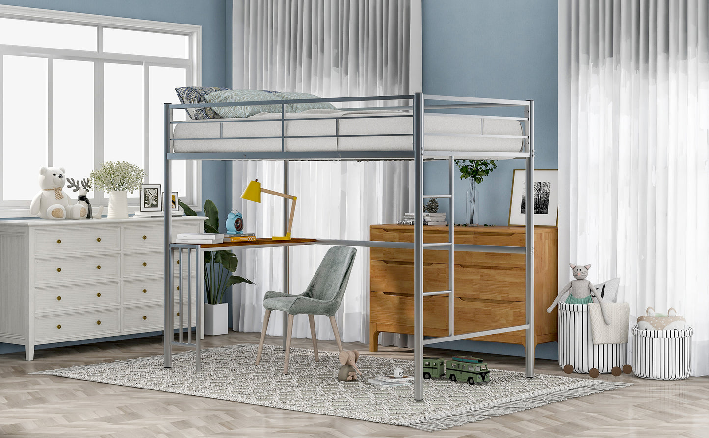 Twin Metal Loft Bed with Desk, Ladder and Guardrails, Loft Bed for Bedroom, Silver(OLD SKU : MF195191AAN)