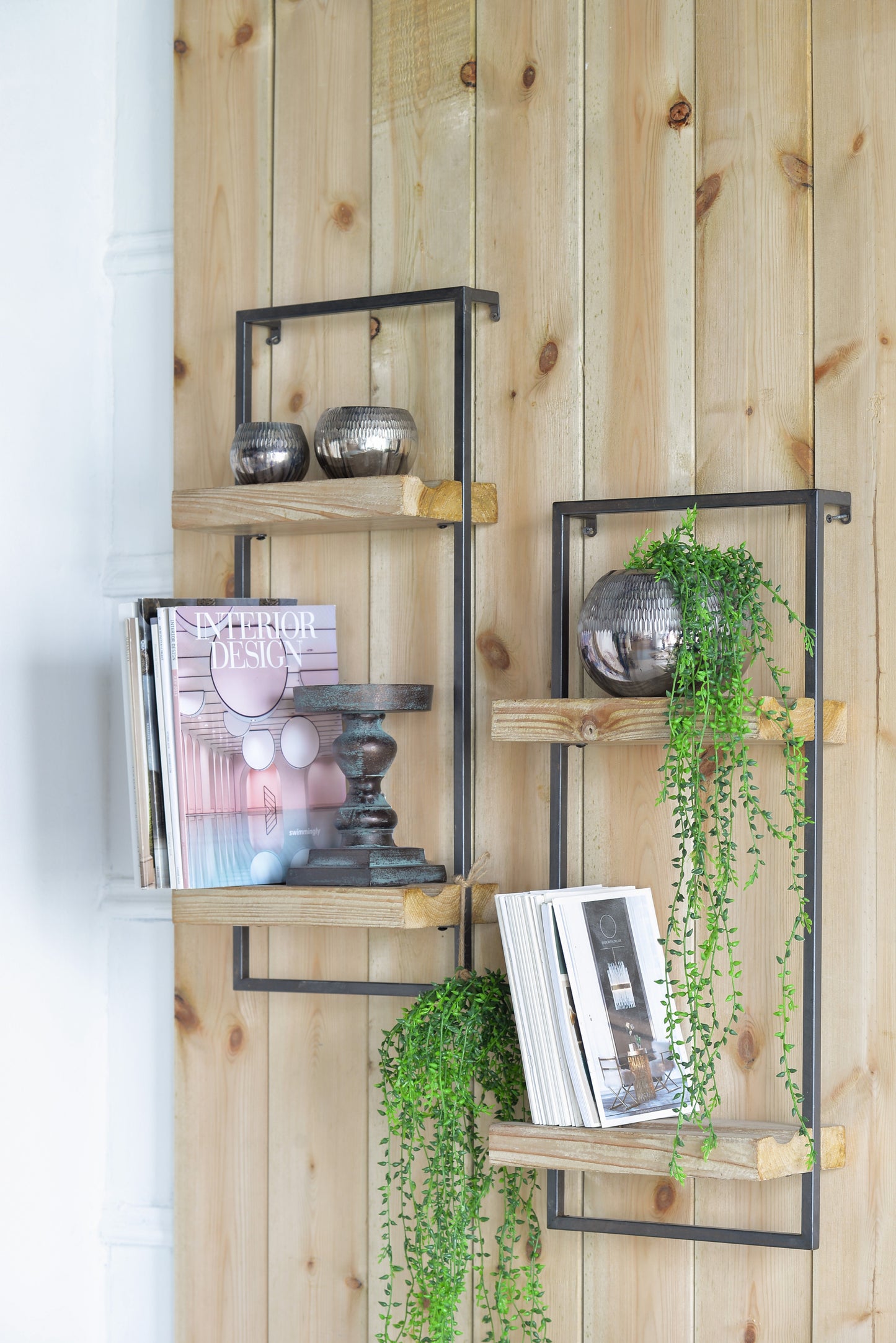 12x6x27" Iron and Wood Wall Shelf With Two Shelves