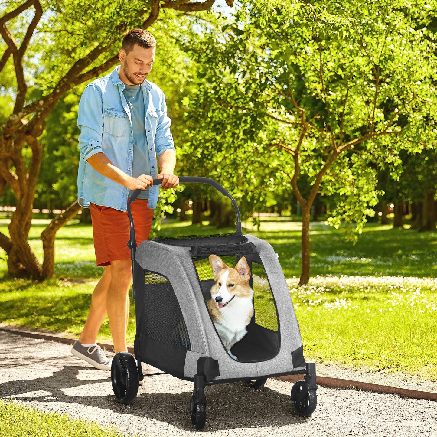 PawHut Pet Stroller Universal Wheel with Storage Basket Ventilated Foldable Oxford Fabric for Medium Size Dogs, Grey