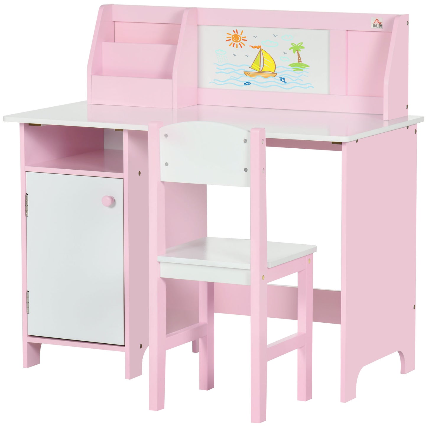 Qaba Toddler Desk and Chair Set, Kids Writing Desk Study Table for Children with Whiteboard, Storage Cabinet, Child Furniture, Art Gifts for Kids, Pink
