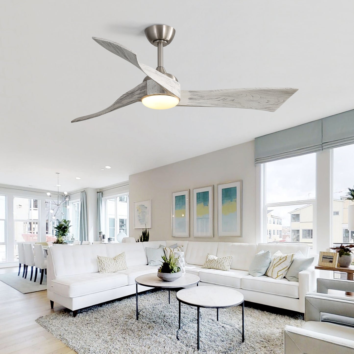 52 Inch Brushed Nickel Ceiling Fan Light With 6 Speed Remote Energy-saving DC Motor