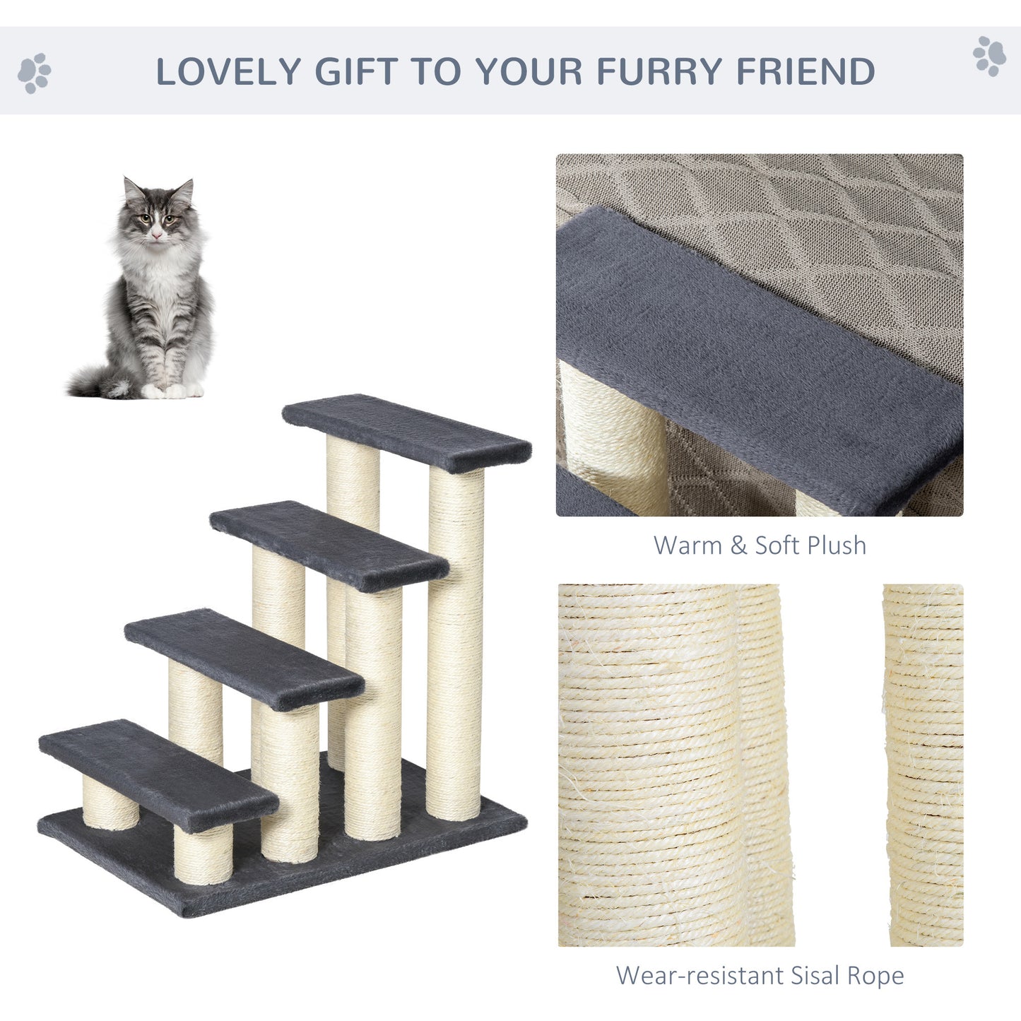 PawHut Cat Tree with 4 Steps for High Beds Couch, Cute Stair Shaped Cat Tree for Indoor Cats or Dogs w/ Sisal Scratching Post, Climbing, Playing, Gray