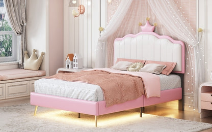 Twin size Upholstered Princess Bed With Crown Headboard,Twin Size Platform Bed with Headboard and Footboard with Light Strips,Golden Metal Legs, White+Pink