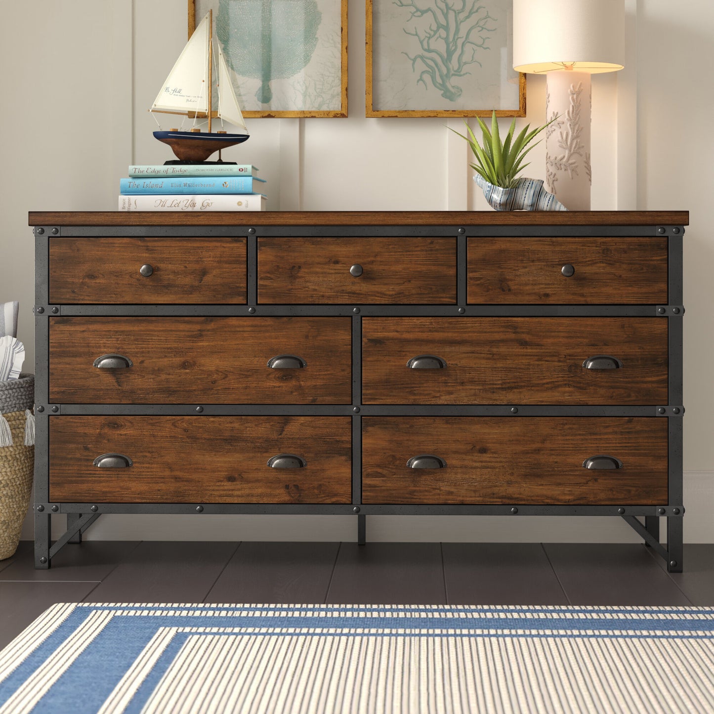 Industrial Design Bedroom Furniture 1pc Dresser of 7 Drawers Rustic Brown and Gunmetal Finish Wooden Furniture