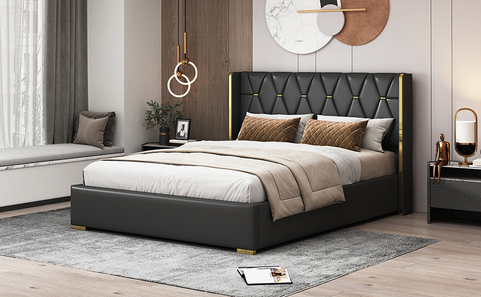 Queen Size Upholstered Platform Bed with Metal Strips, Black