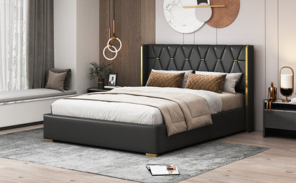 Queen Size Upholstered Platform Bed with Metal Strips, Black