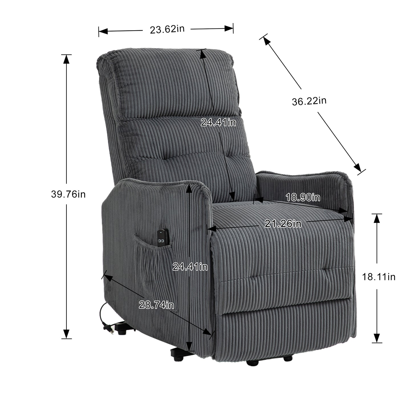 COOLMORE Recliner Chair, Electric Recliner Chairs for Adults, Side Pocket Power Reclining Chair Pocket Springs Seat Cushion, Corduroy Fabric Recliner Sofa for Living Room, Bedroom, Home Theater (DG)