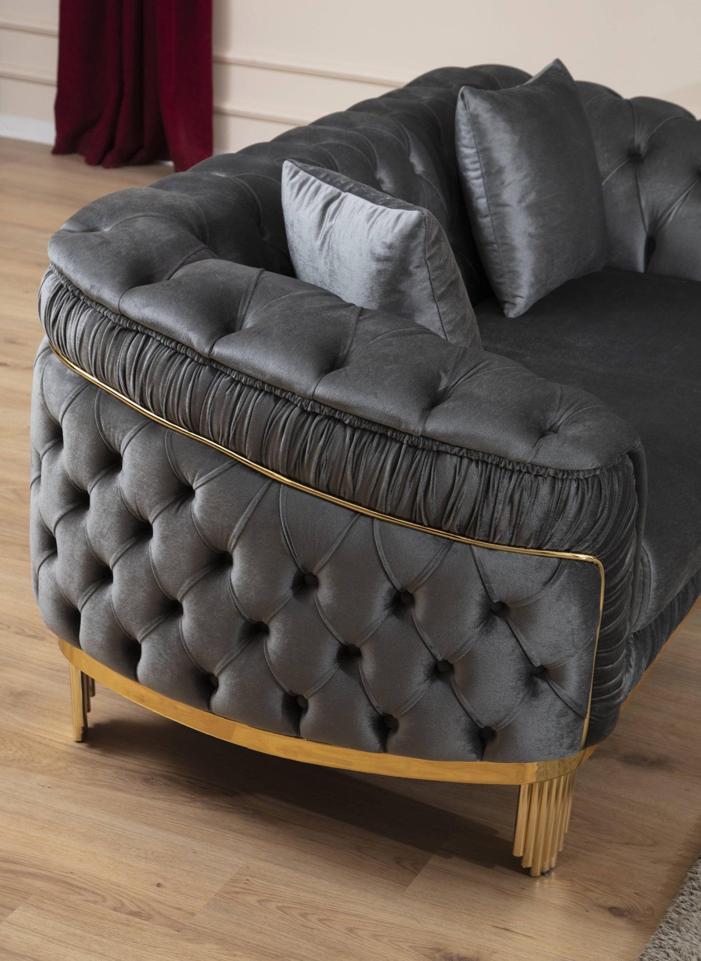 2 PC Livingroom Set in Grey and Gold with Fabric button-tufted velvet upholstery Finish