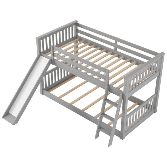 Gray Twin over Twin Bunk Bed with Convertible Slide and Ladder, Pine Wood+MDF, 79.1''L x 42.1''W x 49.4''H