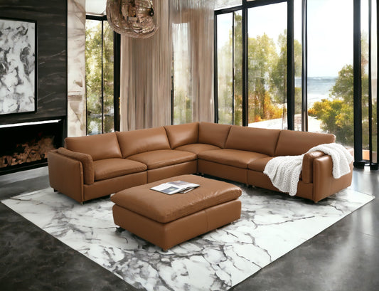 Brighton Top Grain Leather 6 Pieces Modular Sectional with 1 Ottoman