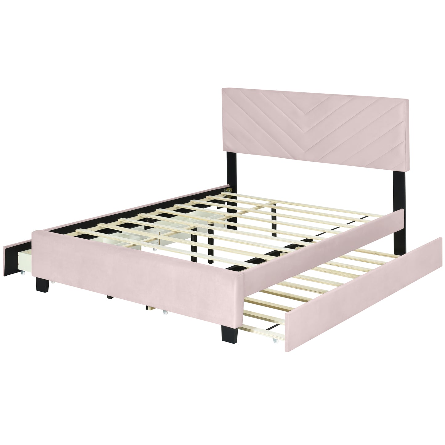 Queen Size Upholstered Platform Bed with Twill Headboard, Pullout Bed and Two Drawers, Flannel,Pink