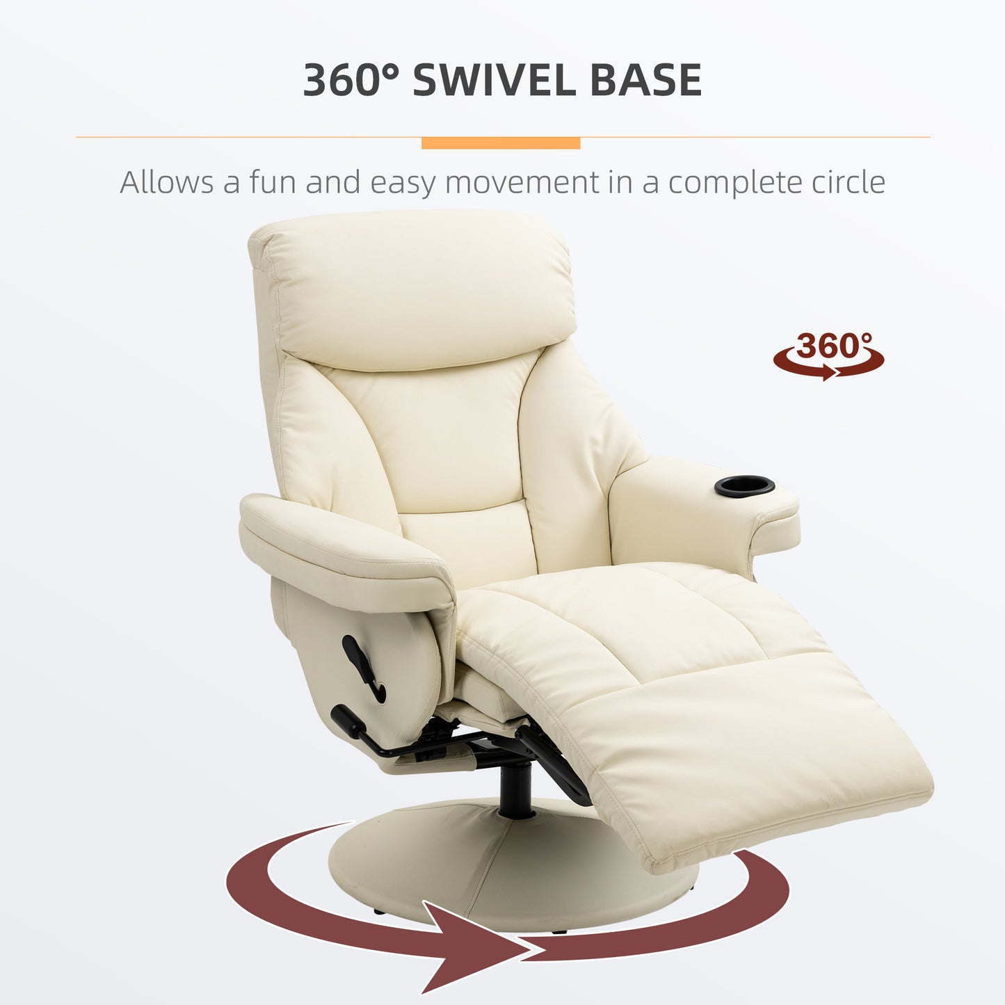 HOMCOM Manual Recliner, Swivel Lounge Armchair with Side Pocket, Footrest and Cup Holder for Living Room, Cream White