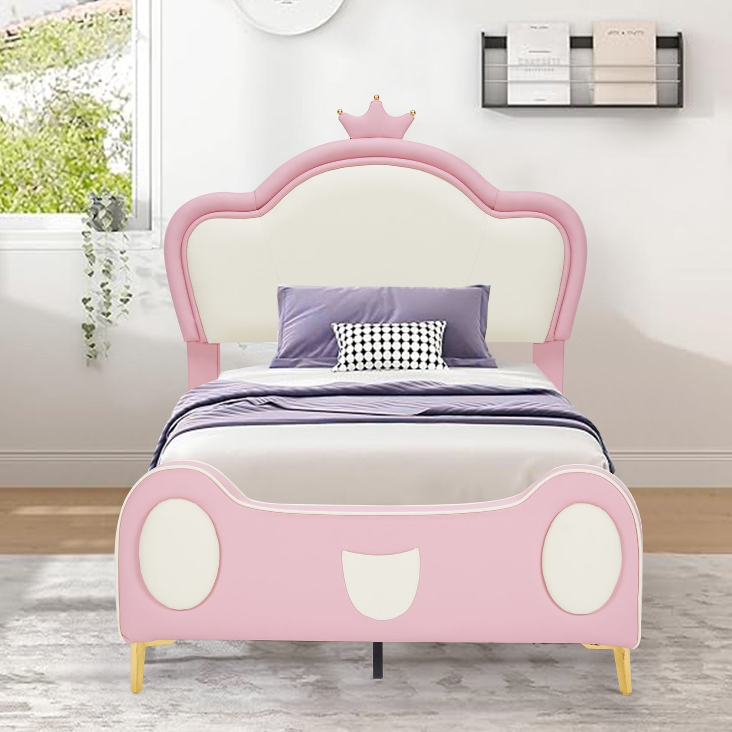 {NEW}Twin Size Princess Bed with Crown Headboard, PU Upholstered Platform Bed , Twin Size Bed Frame with Bed-End Storage Pocket for Kids Girl, No Spring Box Needed, Easy Assembly, Pink