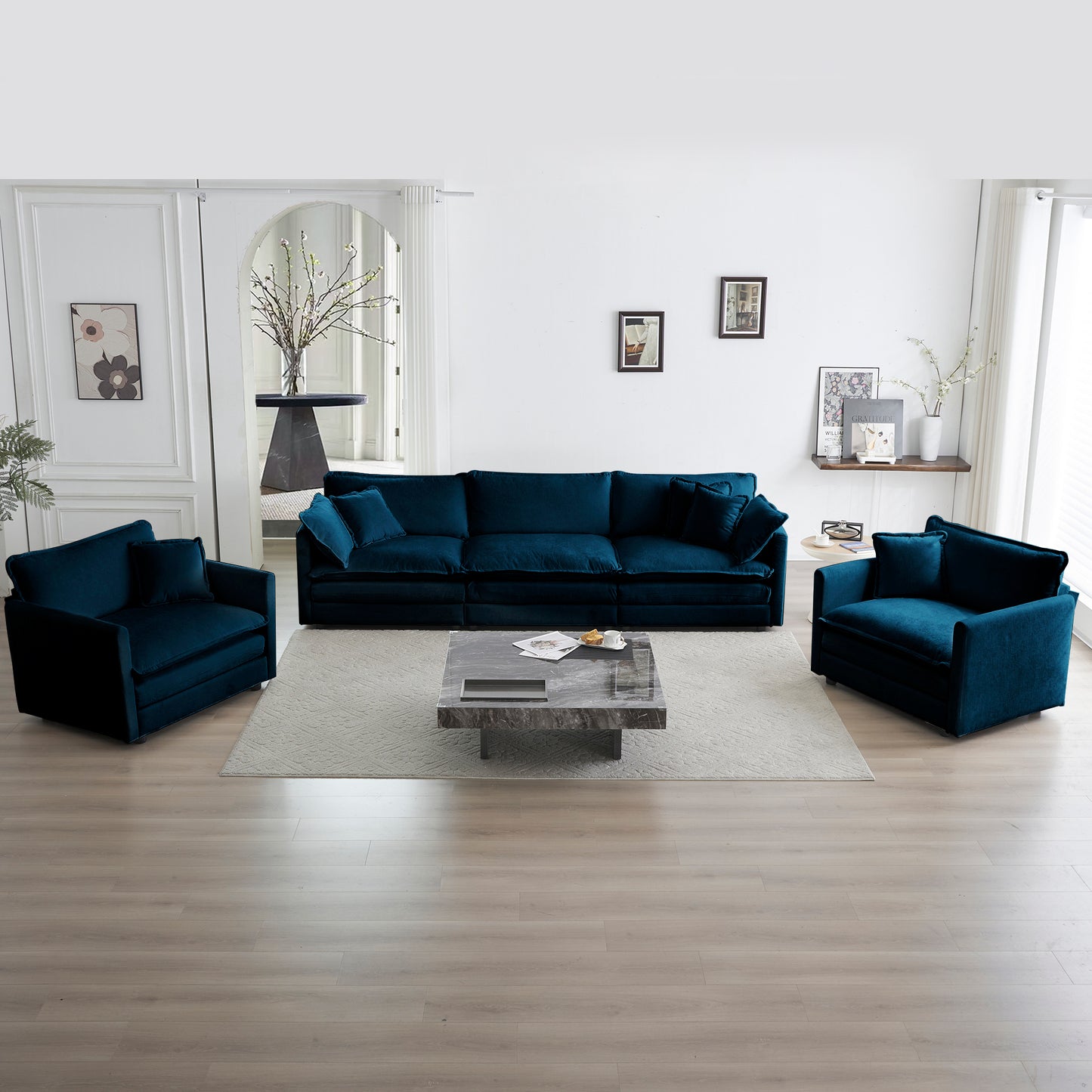 Sofa Set of 3, 1+1+3 Seats Living Room Sofa Set, Accent Chair, Loveseat, and Three-Seat Sofa Modern Style Round Arms 3 Piece Sofa Set, Blue