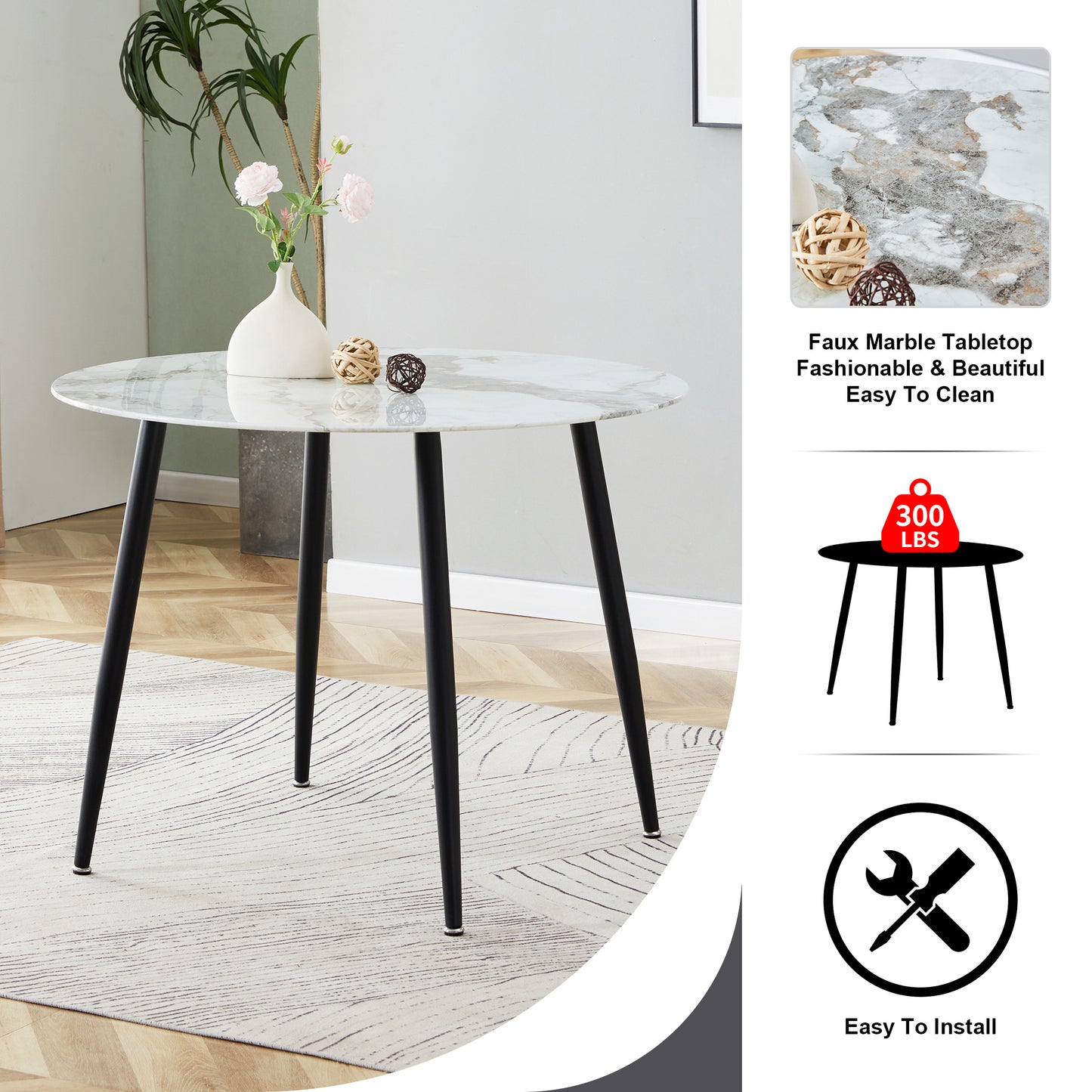 A modern minimalist circular dining table with a diameter of 40 inches, a 0.3 inch thick imitation marble pattern tabletop and black metal legs  40 '* 40' * 30 'DT-1164