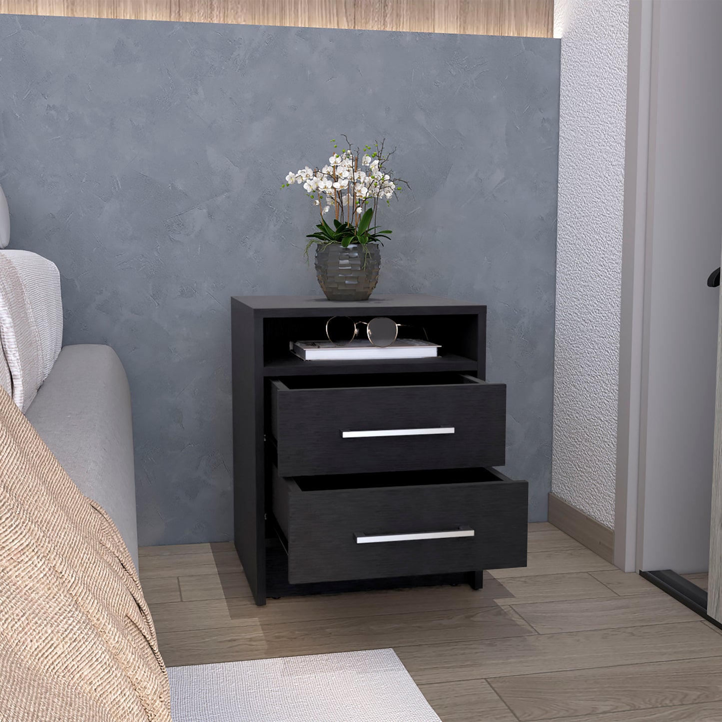Nightstand 23.6" H, with 2 Drawers and 1 Shelf, Black