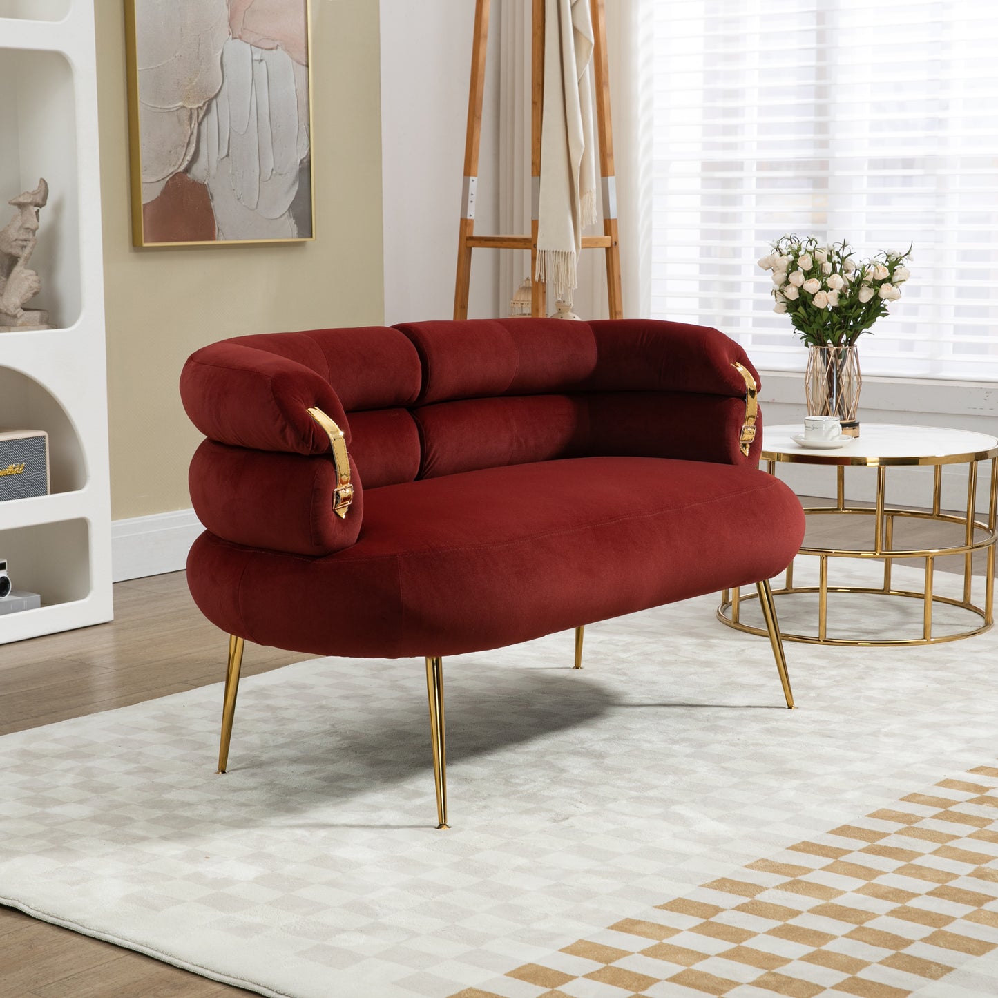 COOLMORE Small Loveseat Sofa, Upholstered Mini Couch with Curved Backrest with Stylish Golden Decor, Small Comfy Love Seat Leisure Accent Couch for Living Room, Bedroom, Office (Wine Red)