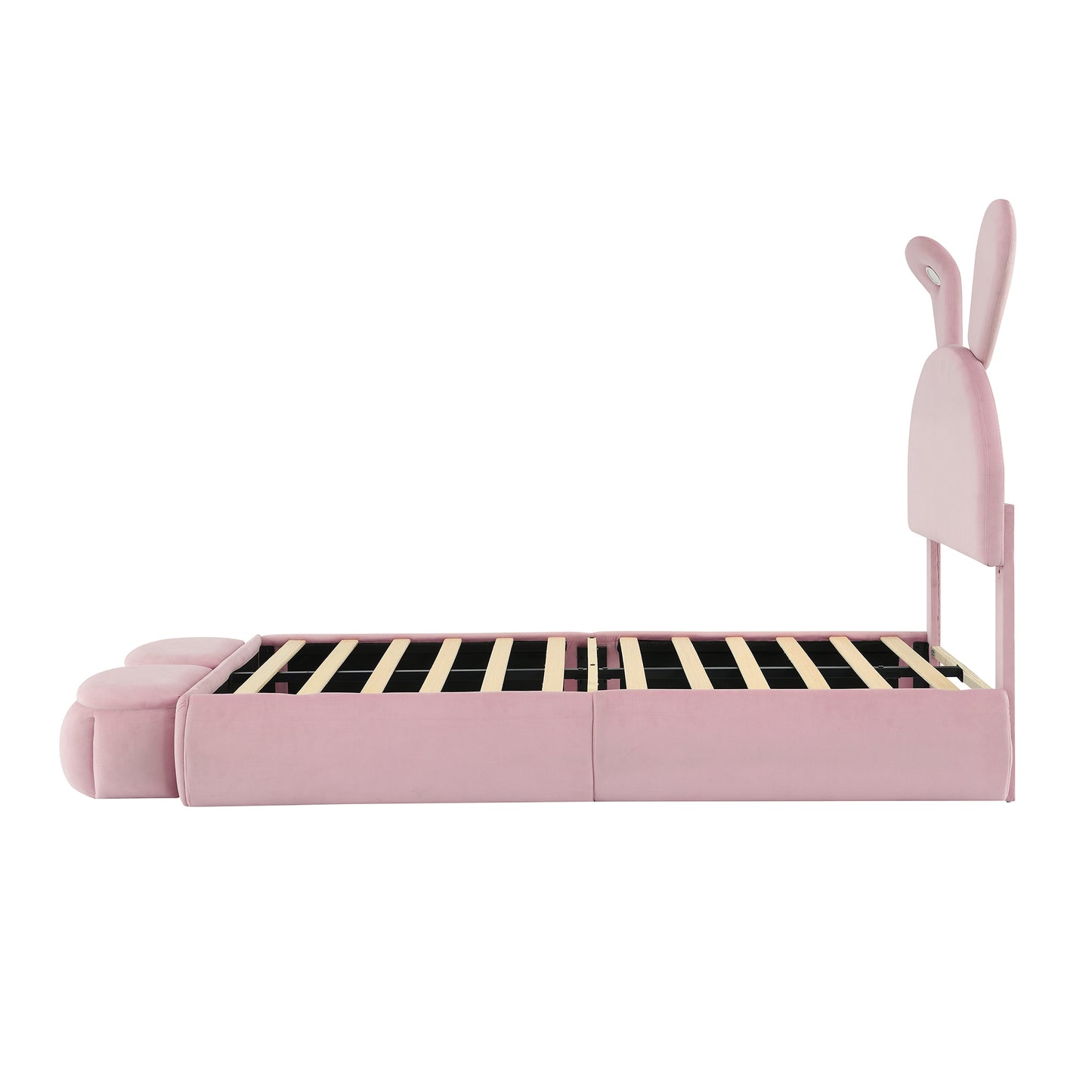 Twin Size Upholstered Platform Bed with Cartoon Ears Shaped Headboard and Light, Pink